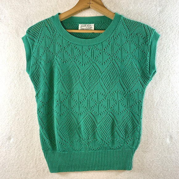 Cuddle Knit Tops - Vintage 80s Womens Sleeveless Cotton Open Knit Top Emerald Green Cottage Preppy
